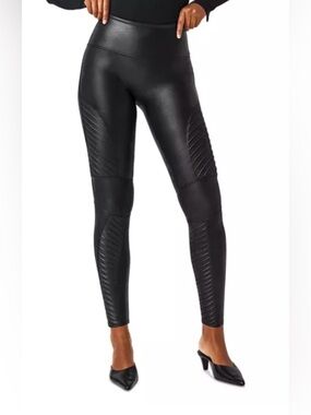 SPANX Faux Leather Moto Shiny Black Bikercore High Rise Leggings Womens’s Size M